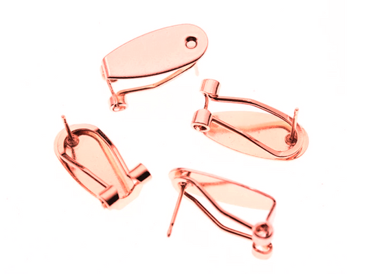 E639 - 10 pcs. (5 pairs) Rose Gold Plated Fingernail Earring Posts/Bases/Studs/Settings with Rubber Backs - 20mm x 9mm