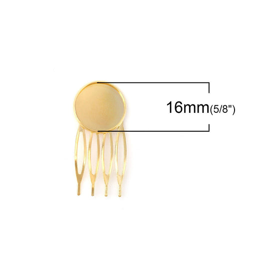 H014 - 10 pcs. - Gold Plated Hair Combs Clips Cabochons Bezels - 16mm Glue Pad