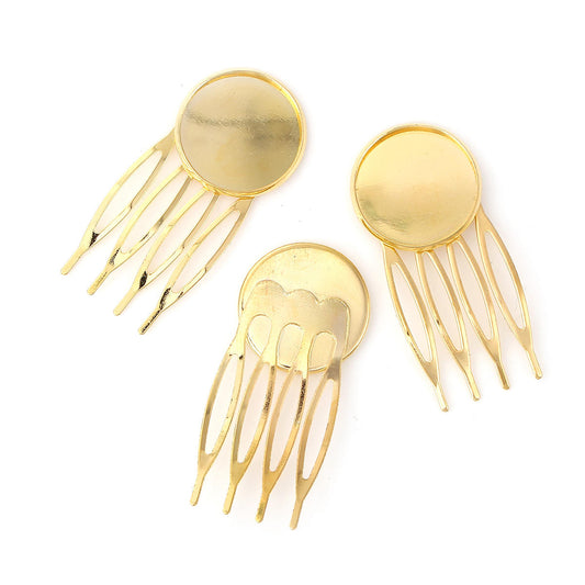 H014 - 10 pcs. - Gold Plated Hair Combs Clips Cabochons Bezels - 16mm Glue Pad