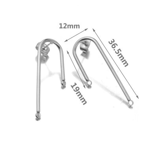 E886 - 10 pcs. 304 Stainless Steel Silver Tone U-Shaped Earring Posts Studs - 2 Holes - 36.5mm - 19mm - Hole: 1.3mm - Great for Earrings - Parallel