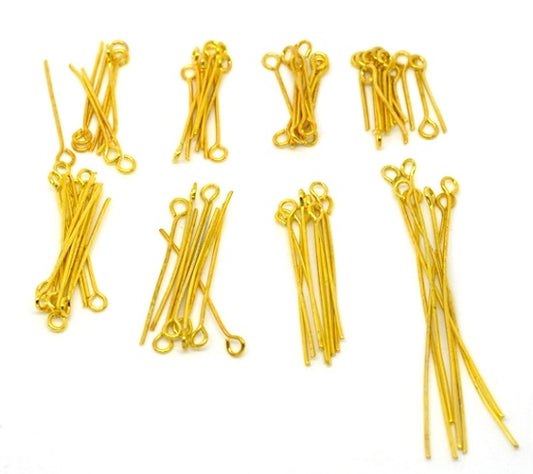 PN001 - 800 pcs. Gold Plated Eye Head Pins - 16mm to 50mm - Assortment Mix - 21 Gauge