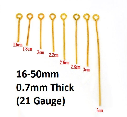 PN001 - 800 pcs. Gold Plated Eye Head Pins - 16mm to 50mm - Assortment Mix - 21 Gauge