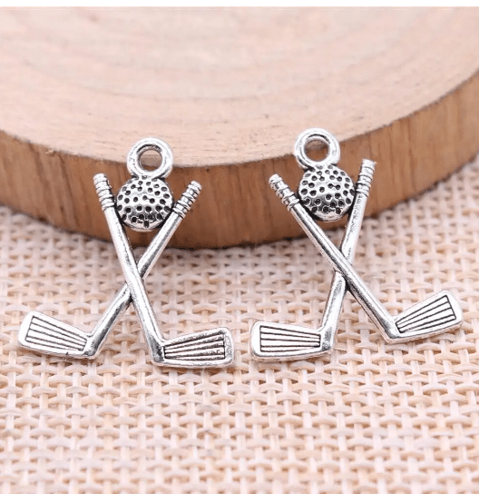 P372 - 25 pcs. Antique Silver Tone Golf Club Stick with Ball Charms Pendants - 20mm x 18mm - Hole Size: 2mm