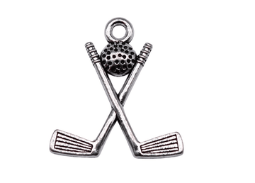 P372 - 25 pcs. Antique Silver Tone Golf Club Stick with Ball Charms Pendants - 20mm x 18mm - Hole Size: 2mm