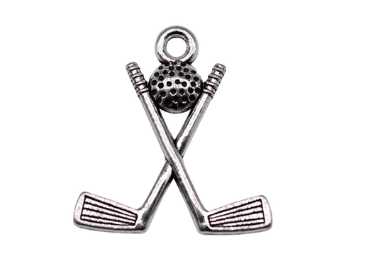 P372 - 25 pcs. Antique Silver Tone Golf Club Stick with Ball Charms Pendants - 20mm x 18mm - Hole Size: 2mm