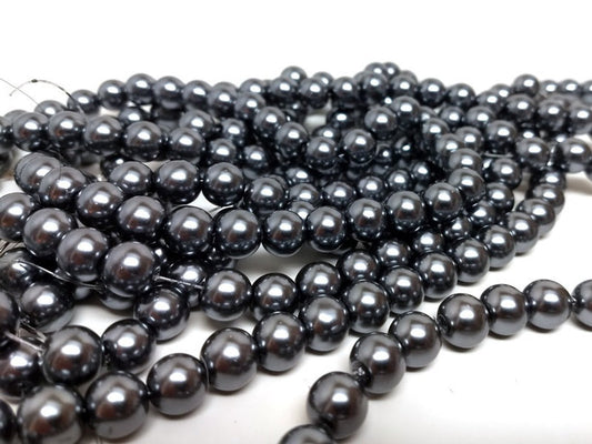 BD048 - 10mm Silver Gunmetal Glass Pearl Imitation Round Beads - 16 inch strand - Approx. 42 beads per strand - Hole Size: 1.5mm