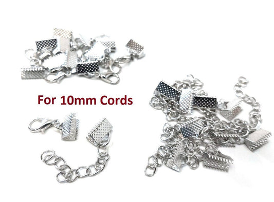 BBC003 - 10 sets - Silver Tone Bracelet and Necklace End Tips Crimps with Lobster Claw Clasps and Extender Chains - For 10mm Wide Cords