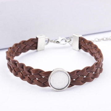 BD076 - 2 pcs Brown Faux Leather Bracelets with 12mm Glue Pad Bezel Trays and Extender Chains - Adjustable from 7" to 9" - Single Braided Cord