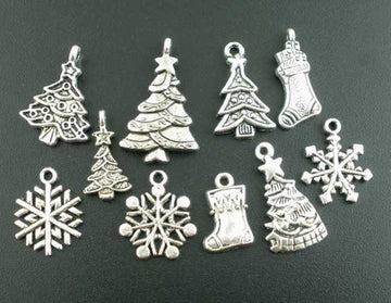 BD074 - 40 pcs. Antique Silver Assortment of Christmas Charms Pendants - 17x7mm to 29x17mm