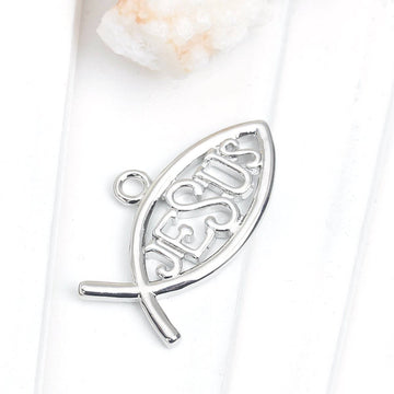 P050 - 2 pcs. Silver Tone "Jesus" Fish Charms Pendants - 31mm x 18mm ( 1 1/4" x 3/4") - Double Sided - High Quality!