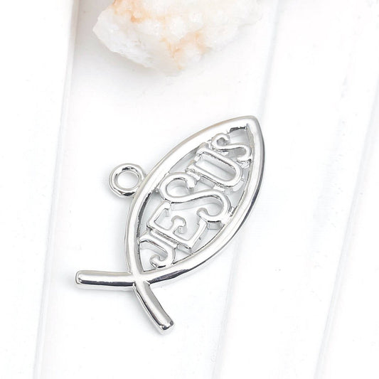 P050 - 2 pcs. Silver Tone "Jesus" Fish Charms Pendants - 31mm x 18mm ( 1 1/4" x 3/4") - Double Sided - High Quality!