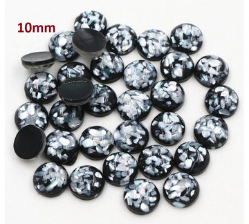RC0051 - 10 pcs Resin Round Embellishment Circle Cabochons Metal Foil Black and Silver - 10mm - Multi-Color Glitter