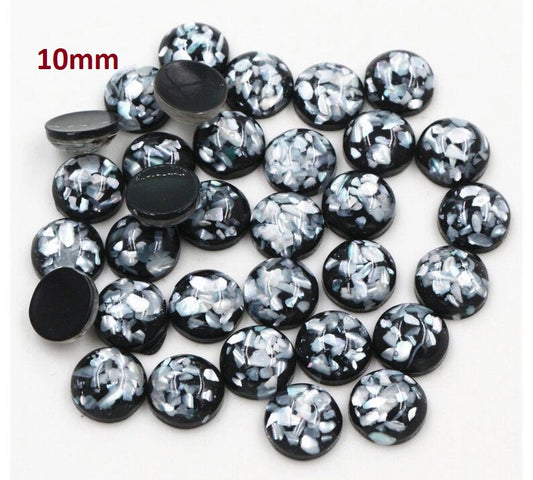 RC0051 - 10 pcs Resin Round Embellishment Circle Cabochons Metal Foil Black and Silver - 10mm - Multi-Color Glitter
