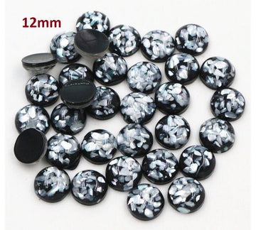 CA099 - 10 pcs Resin Round Embellishment Circle Cabochons Metal Foil Black and Silver - 12mm - Multi-Color Glitter