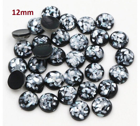 CA099 - 10 pcs Resin Round Embellishment Circle Cabochons Metal Foil Black and Silver - 12mm - Multi-Color Glitter