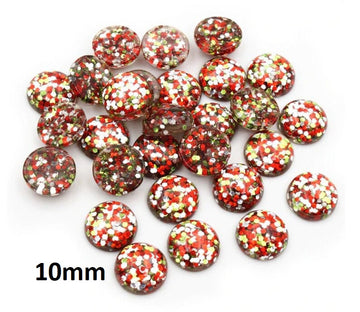 RC0052 - 10 pcs Druzy Resin Embellishment Cabochons - 10mm - Glitter Style - Green, Red and Silver - Multi-color