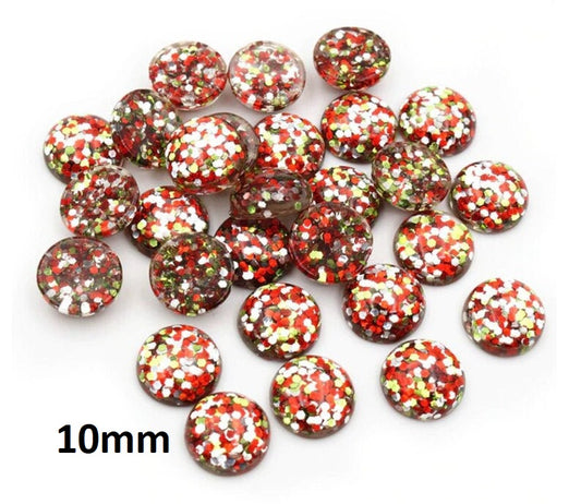 RC0052 - 10 pcs Druzy Resin Embellishment Cabochons - 10mm - Glitter Style - Green, Red and Silver - Multi-color