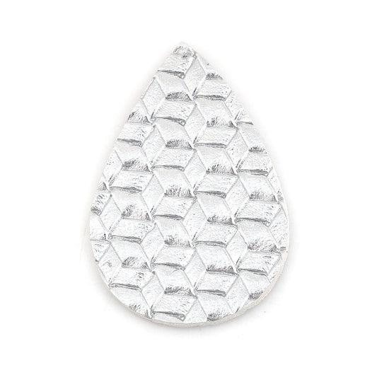 P878 - 10 pcs. Silver Faux Leather Dangle Charms Pendants - Teardrop Weave - 56mm (2.2") - Great for Light Earrings or Dangles! Double-Sided
