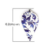 P236 - 10 pcs. Porcelain Pattern Faux Leather Dangle Charms Pendants - Pinch Leaf - White Blue - Silver Tone Jump Ring - 62mm (2.5") - Double Sided