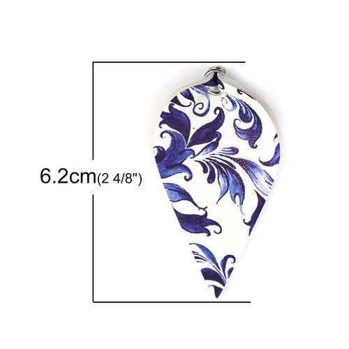 P236 - 10 pcs. Porcelain Pattern Faux Leather Dangle Charms Pendants - Pinch Leaf - White Blue - Silver Tone Jump Ring - 62mm (2.5") - Double Sided