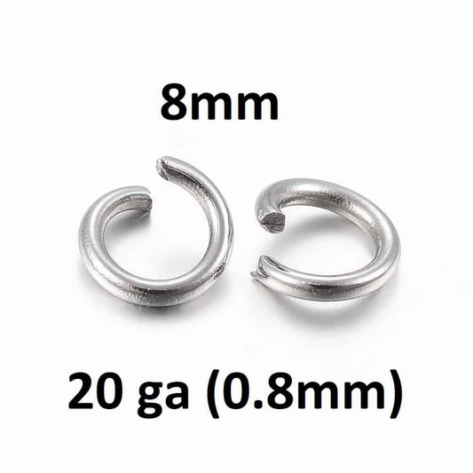 J707A - 100 pcs 304 Stainless Steel Open Jump Rings 8mm - 20 Gauge (0.8mm) - Tarnish Resistant!