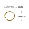 J709 - 100 pcs Gold Plated Open Jump Rings - 16mm - 15 Gauge (1.5mm Thick)