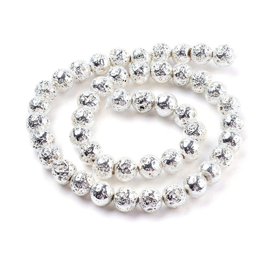 BD001 - 6mm Electroplated Natural Stone Lava Round Beads - Silver Plated - 15.35" strand - Hole Size: 1mm - Approx. 66 pieces per strand