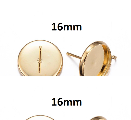 E896 - 10 pcs. 202 Stainless Steel Golden Earring Posts Studs Settings Bezels Cabochons Tacks with Perpendicular Loop - 16mm Glue Pad Setting