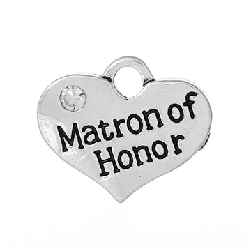 P057 - 4 pcs. Antique Silver "Matron of Honor" charm with rhinestone - 16mm X 14mm
