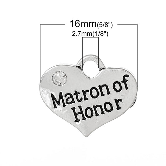 P057 - 4 pcs. Antique Silver "Matron of Honor" charm with rhinestone - 16mm X 14mm