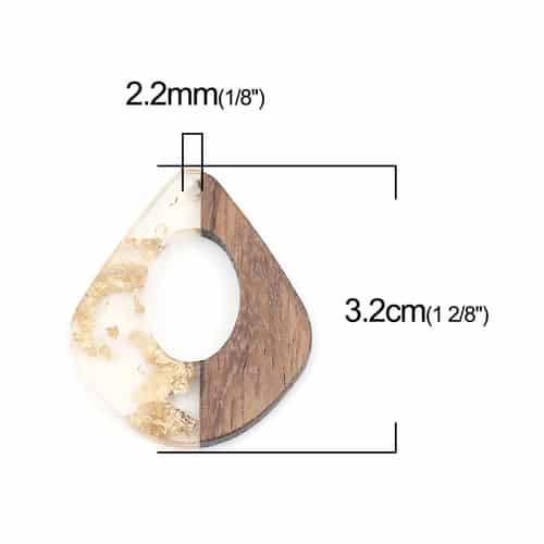 MP0040 - 4 pcs. Gold Foil and Clear Resin and Wood Teardrop Flat Pendant - 33mm x 28mm - (1.3" x 1.1") - MEDIUM