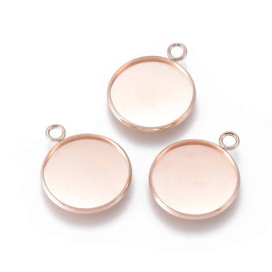 MP0042 - 5 pcs. 304 Stainless Steel Rose Gold Circle Round Bezel Pendant Tags Trays - 20mm Glue Pad Setting - Tarnish Resistant!