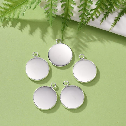 MP0043 - 5 pcs. 304 Stainless Steel Silver Plated Circle Round Bezel Pendant Tags Trays - 20mm Glue Pad Setting - Tarnish Resistant!