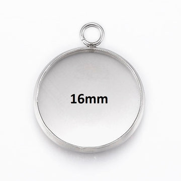MP0049 - 10 pcs. 304 Stainless Steel Circle Round Bezel Pendant Tags Trays - Silver Tone - 16mm Glue Pad Setting - Tarnish Resistant!