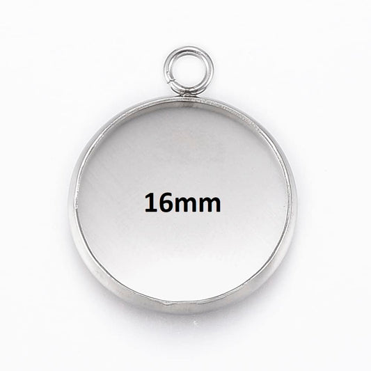 MP0049 - 10 pcs. 304 Stainless Steel Circle Round Bezel Pendant Tags Trays - Silver Tone - 16mm Glue Pad Setting - Tarnish Resistant!