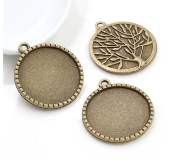 MP0056 - 10 pcs. Antique Bronze Tree of Life Charm Pendant Circle Settings Carved Bezel Trays - 25mm Glue Pad Setting (1 inch) - 32mm x 29mm
