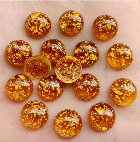 RC0063 - 10 pcs Resin Round Embellishment Circle Cabochons Crackle Metal Foil - Orange, Gold - 12mm