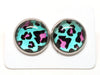 LTE24 - 2 pcs (1 pair) 304 Stainless Steel Earring Studs - 12mm Glass Tiles - 14mm Diameter with Edge - Teal and Pink Leopard - Hypoallergenic!
