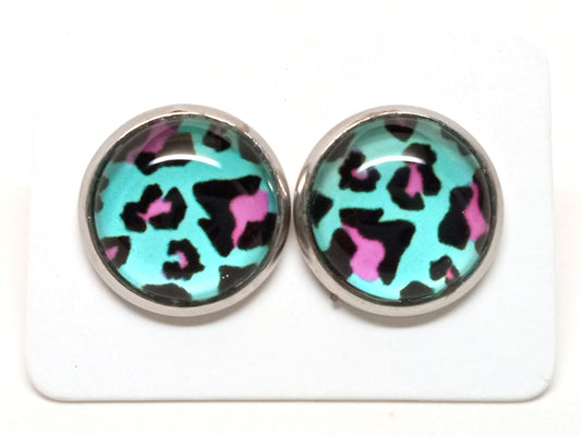 LTE24 - 2 pcs (1 pair) 304 Stainless Steel Earring Studs - 12mm Glass Tiles - 14mm Diameter with Edge - Teal and Pink Leopard - Hypoallergenic!