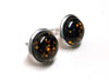BGE24 - 2 pcs (1 pair) 304 Stainless Steel Earring Studs - 12mm Glass Tiles - 14mm Diameter with Edge - Black and Gold Glitter - Hypoallergenic!