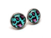 LTE24 - 2 pcs (1 pair) 304 Stainless Steel Earring Studs - 12mm Glass Tiles - 14mm Diameter with Edge - Teal and Pink Leopard - Hypoallergenic!