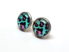 LTE24 - 2 pcs (1 pair) 304 Stainless Steel Earring Studs - 12mm Glass Tiles - 14mm Diameter with Edge - Teal and Pink Leopard - Hypoallergenic!