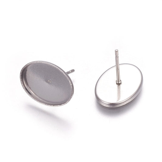 E933 - 10 pcs. 304 Stainless Steel Silver Tone Earring Tacks Posts Studs Settings Bezels Cabochons - Oval - 14mm x 10mm Glue Pad Setting