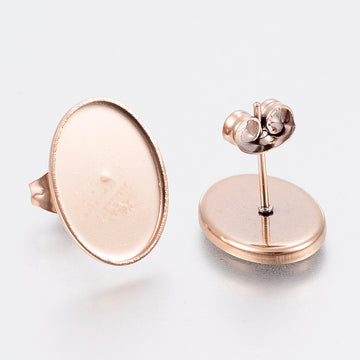 E932 - 10 pcs. 304 Stainless Steel Rose Gold Earring Tacks Posts Studs Settings Bezels Cabochons - Oval - 14mm x 10mm Glue Pad Setting