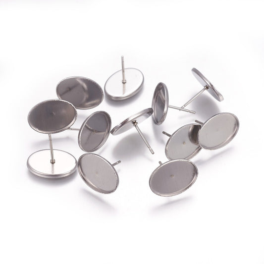 E933 - 10 pcs. 304 Stainless Steel Silver Tone Earring Tacks Posts Studs Settings Bezels Cabochons - Oval - 14mm x 10mm Glue Pad Setting