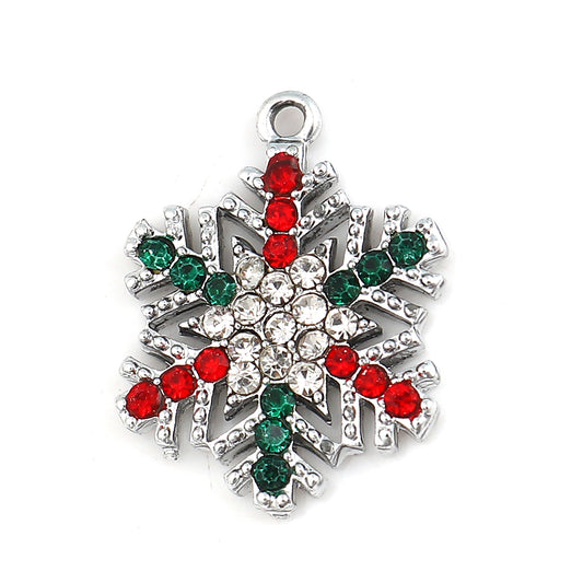 P902 - 5 pcs. Silver Tone Rhinestone Snowflake Charms Pendants - 24mm x 19mm - Christmas