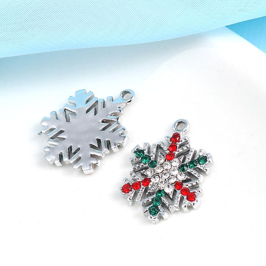 P902 - 5 pcs. Silver Tone Rhinestone Snowflake Charms Pendants - 24mm x 19mm - Christmas