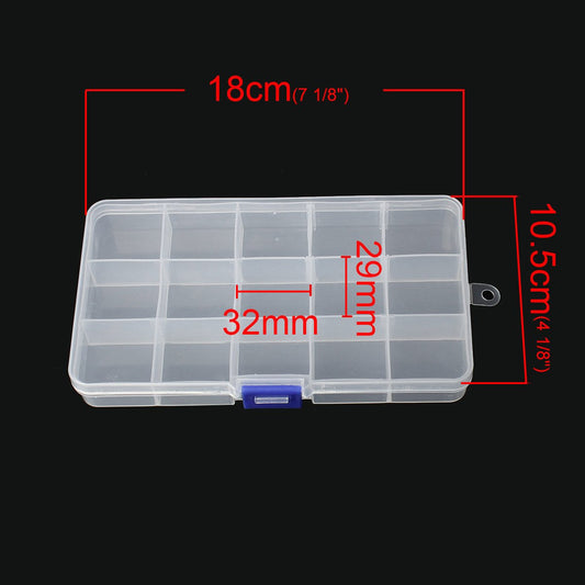 T024 - Plastic Jewelry Storage Display Box with 15 Spaces Compartments for Beads, Jump Rings, Findings - 7.08 inch x 4.14 inch