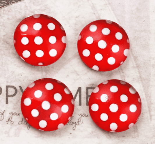 GC006 - 10 pcs Circle Polka Dots Glass Round Dome Seals Tiles Cabochons - 12mm - Red and White