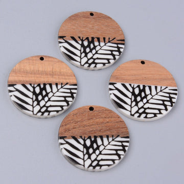 RW0001 - 4 pcs. Black and White Resin and Wood Round Flat Pendant - 35mm - (1.38") - Leaf Pattern